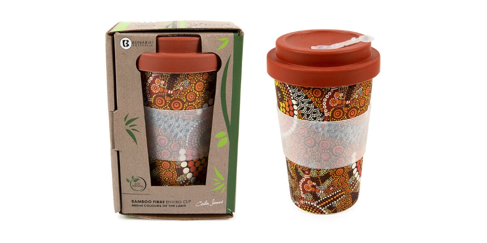 Colin Jones Coffee Cup Bamboo Aboriginal Design Colours of the Land Design 
